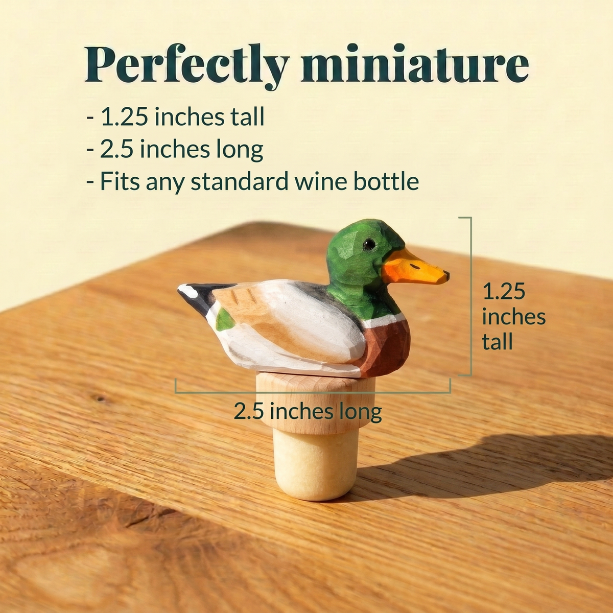 Mallard Duck Male hand-carved wooden wine stopper by Selsela, with size measurements