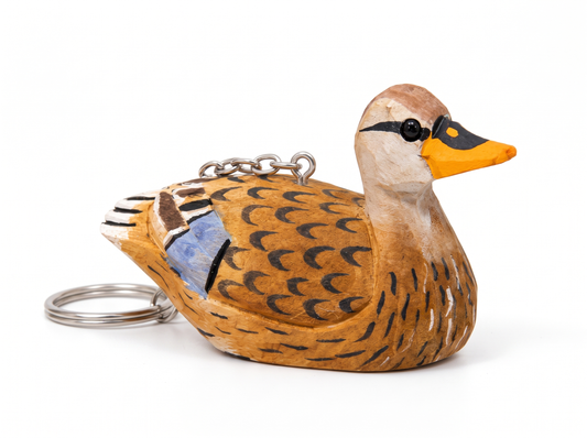 Mallard Duck Female hand-carved wooden keychain by Selsela, on a plain background