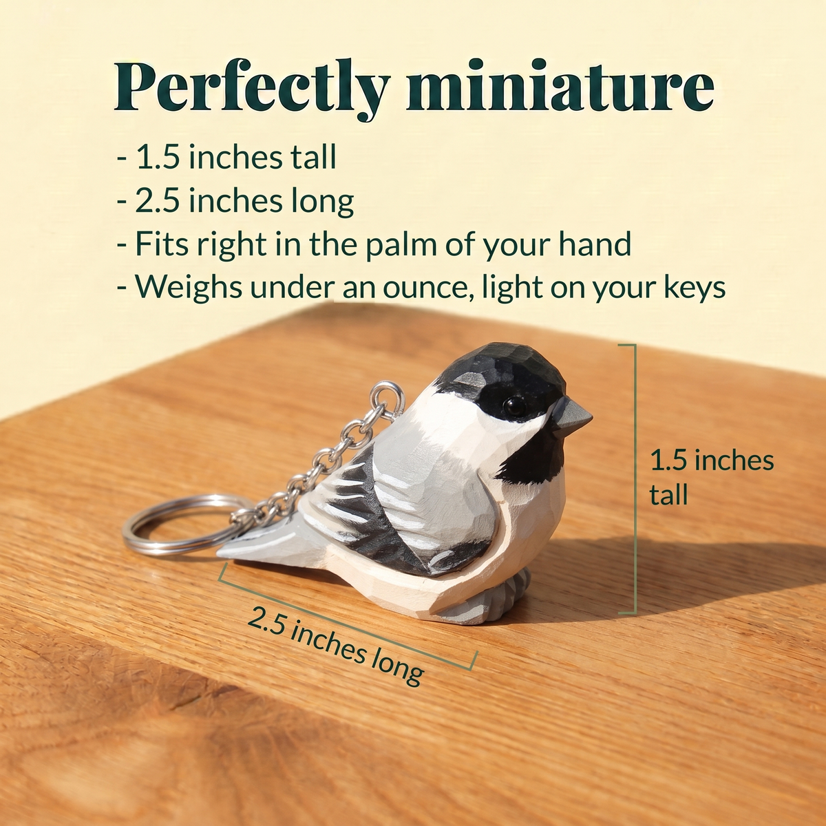 Chickadee hand-carved wooden keychain by Selsela, with size measurements