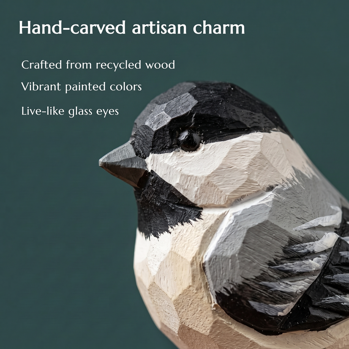 Chickadee hand-carved wooden keychain by Selsela, close-up of the hand-carved detail