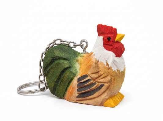 Rooster hand-carved wooden keychain by Selsela, on a plain background