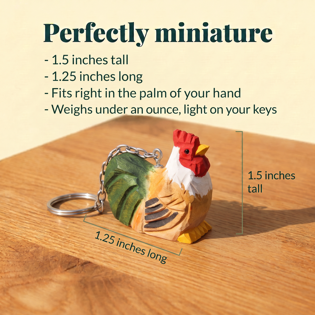 Rooster hand-carved wooden keychain by Selsela, with size measurements