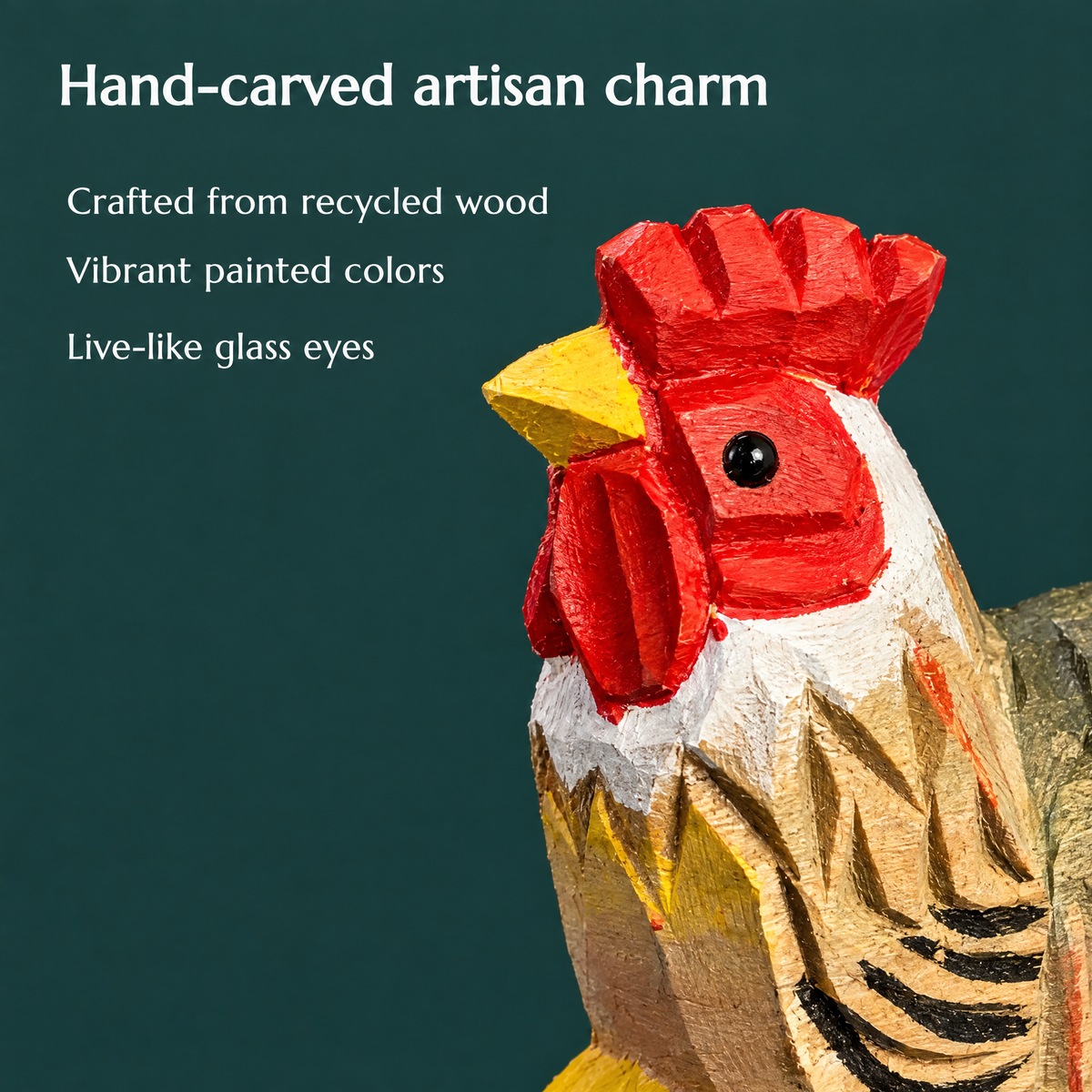 Rooster hand-carved wooden keychain by Selsela, close-up of the hand-carved detail