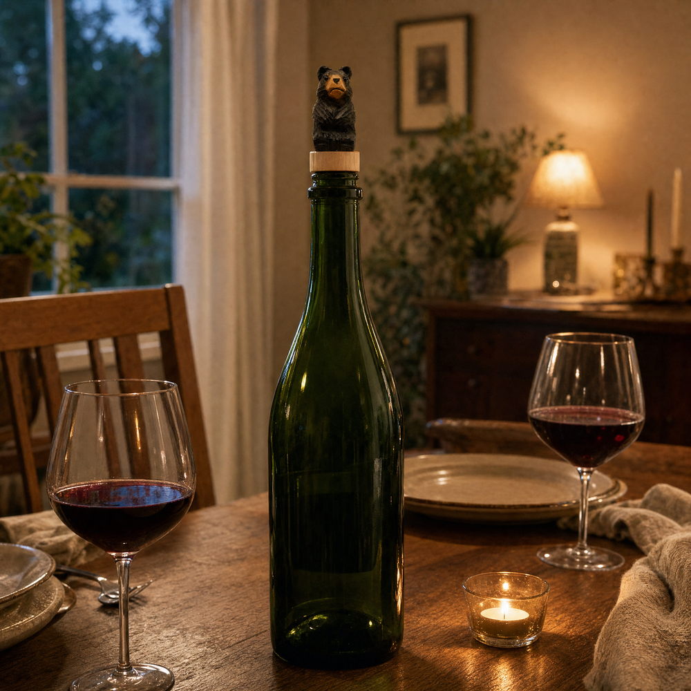 Black Bear hand-carved wooden wine stopper by Selsela, in a styled scene