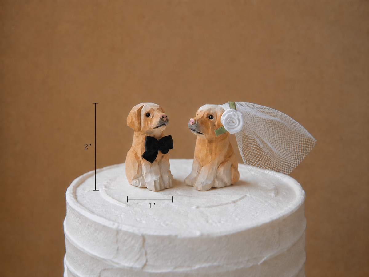 Labrador Retriever Brown hand-carved wooden cake topper by Selsela, bride and groom pair on a wedding cake