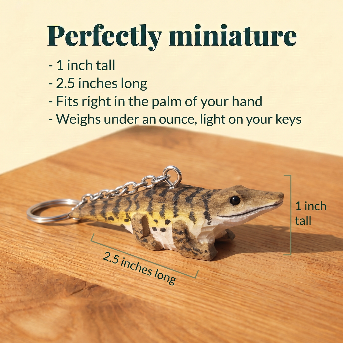 Crocodile hand-carved wooden keychain by Selsela, with size measurements