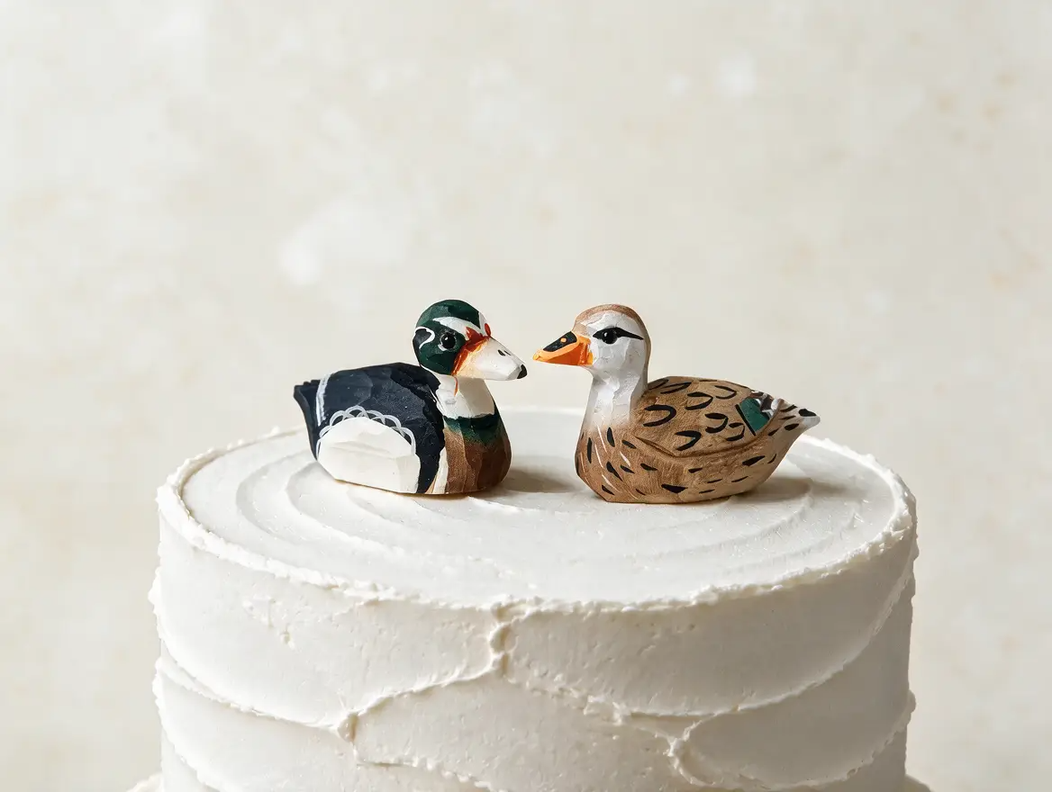 Wood Duck hand-carved wooden cake topper by Selsela, bride and groom pair on a wedding cake