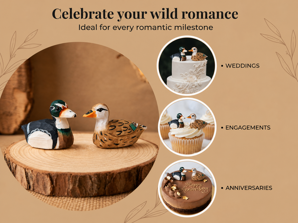 Wood Duck hand-carved wooden cake topper by Selsela, bride and groom pair on a wedding cake