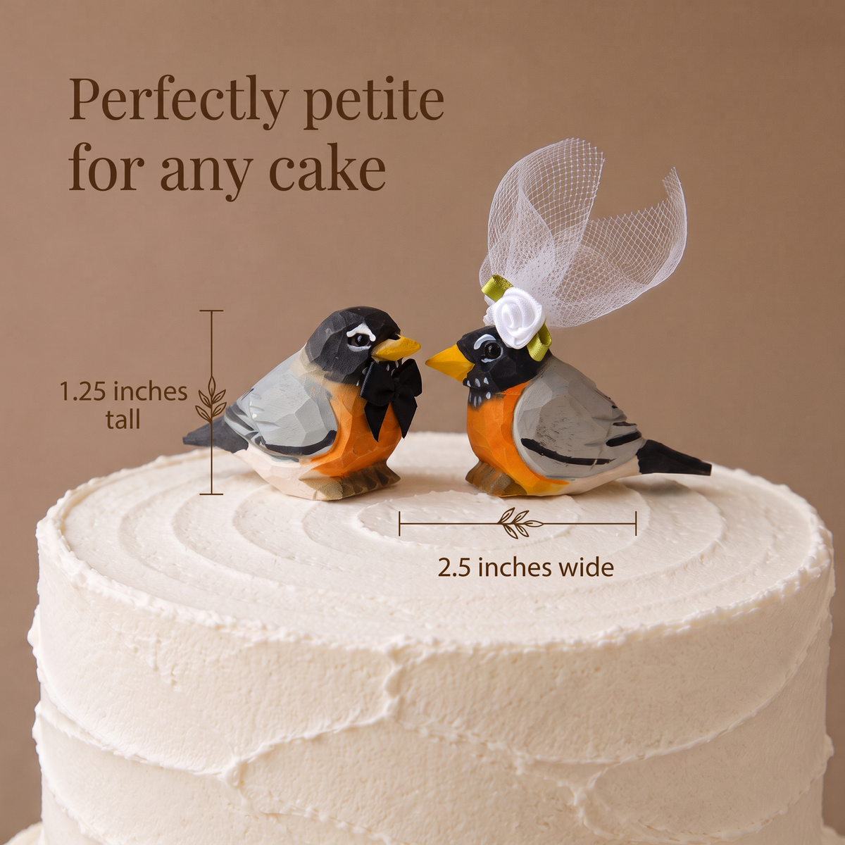 American Robin hand-carved wooden cake topper by Selsela, with size measurements