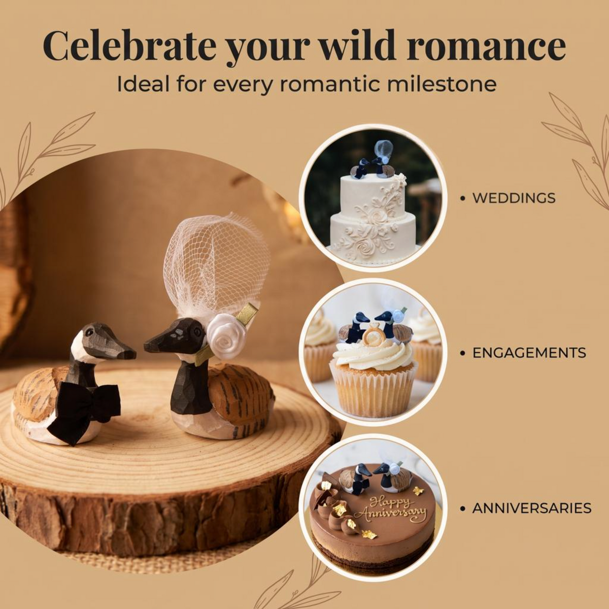 Canada Goose hand-carved wooden cake topper by Selsela, bride and groom pair on a wedding cake