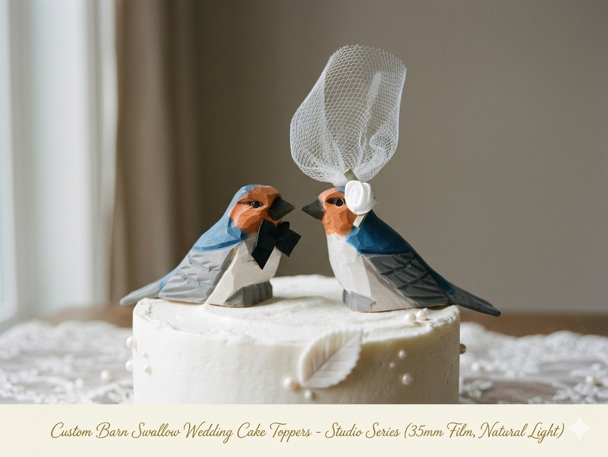 Swallow hand-carved wooden cake topper by Selsela, bride and groom pair on a wedding cake