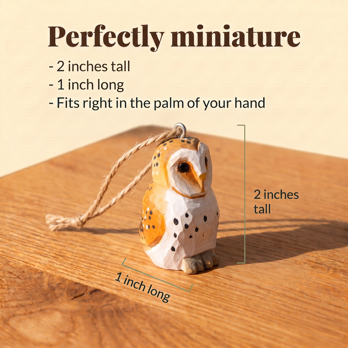 Barn Owl hand-carved wooden ornament by Selsela, with size measurements
