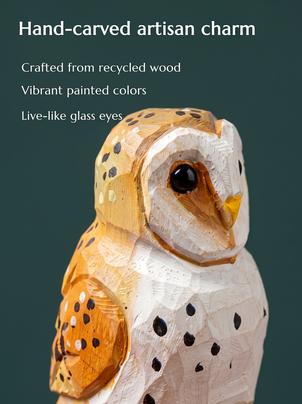 Barn Owl hand-carved wooden ornament by Selsela, close-up of the hand-carved detail