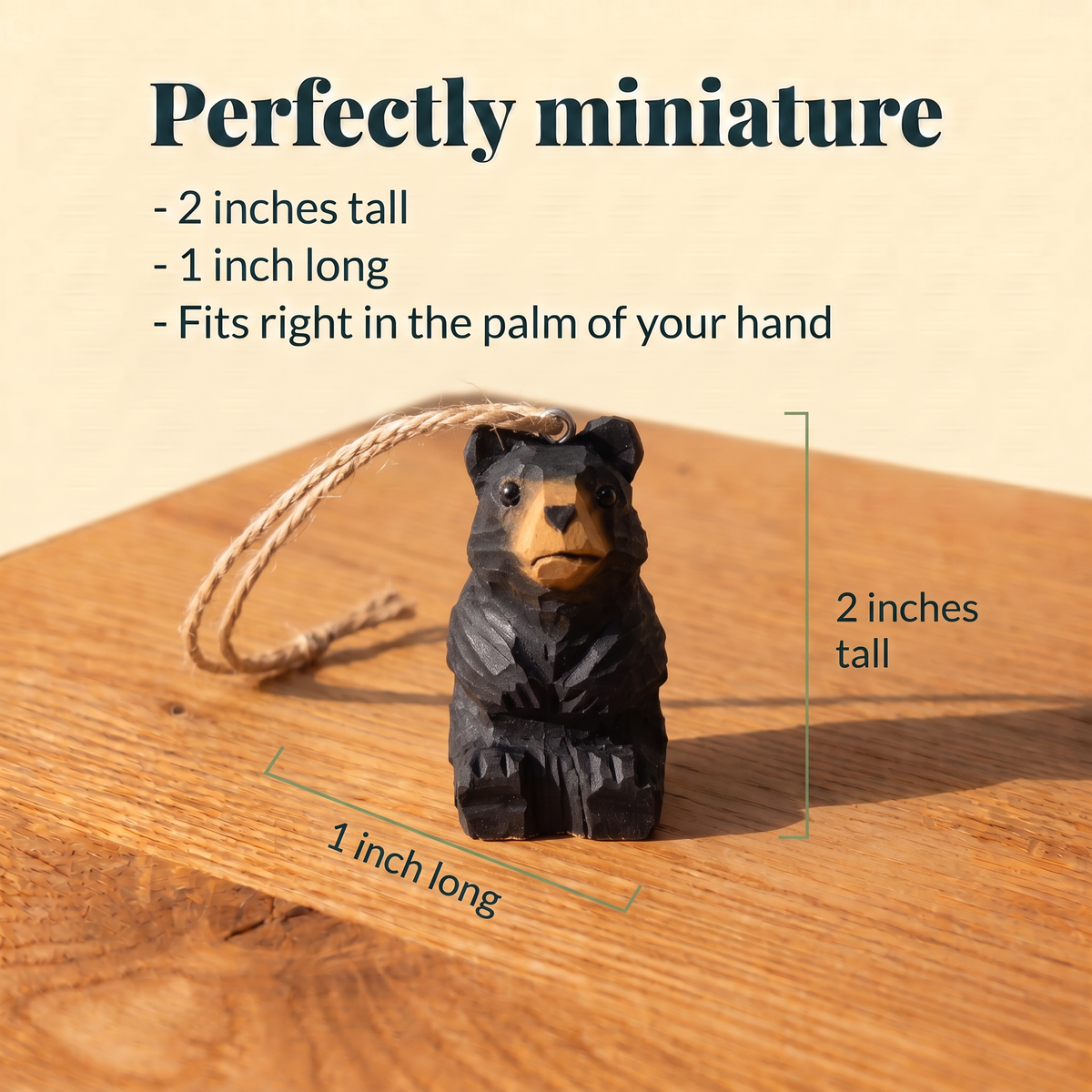 Black Bear hand-carved wooden ornament by Selsela, with size measurements