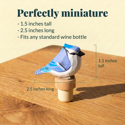 Blue Jay hand-carved wooden wine stopper by Selsela, with size measurements