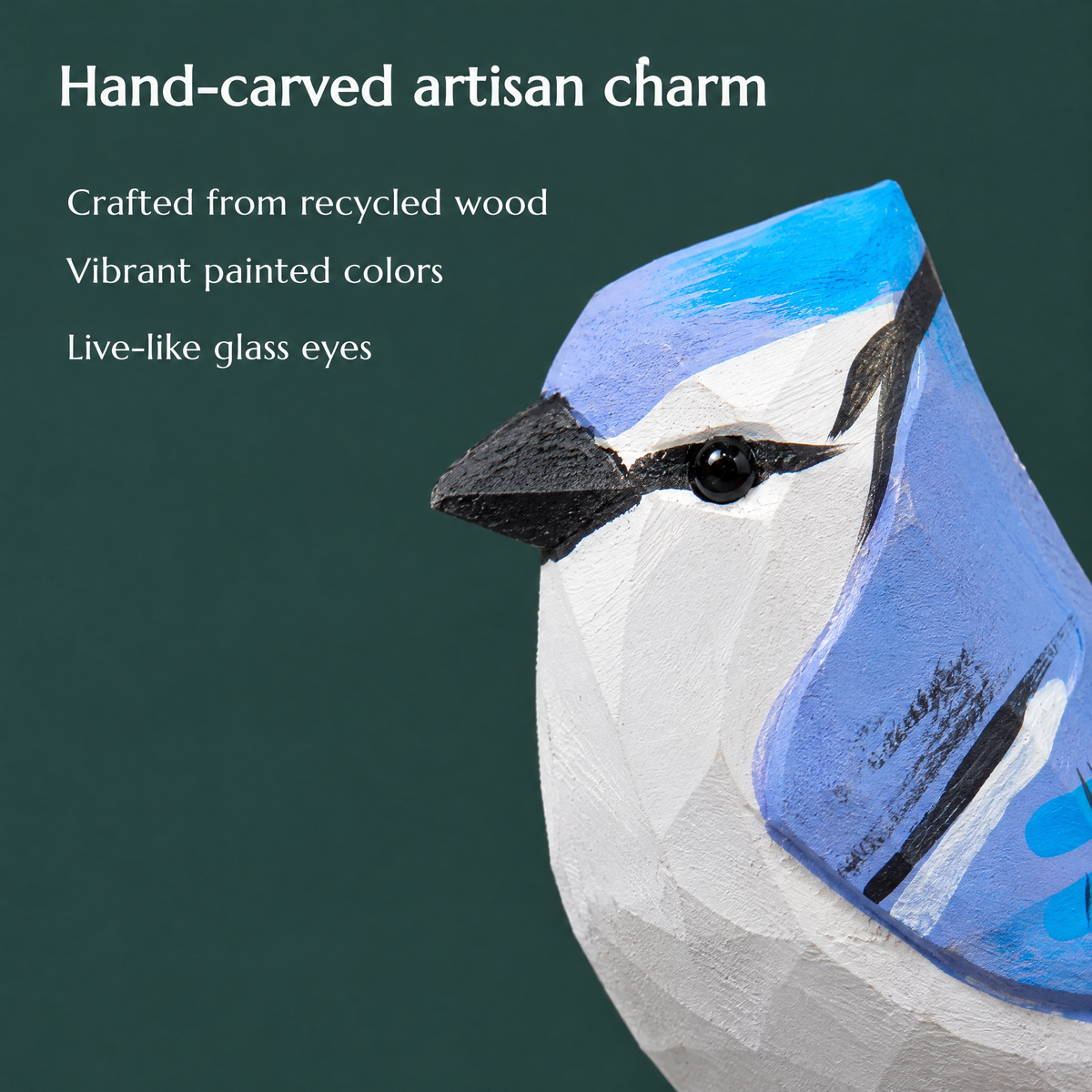 Blue Jay hand-carved wooden wine stopper by Selsela, close-up of the hand-carved detail