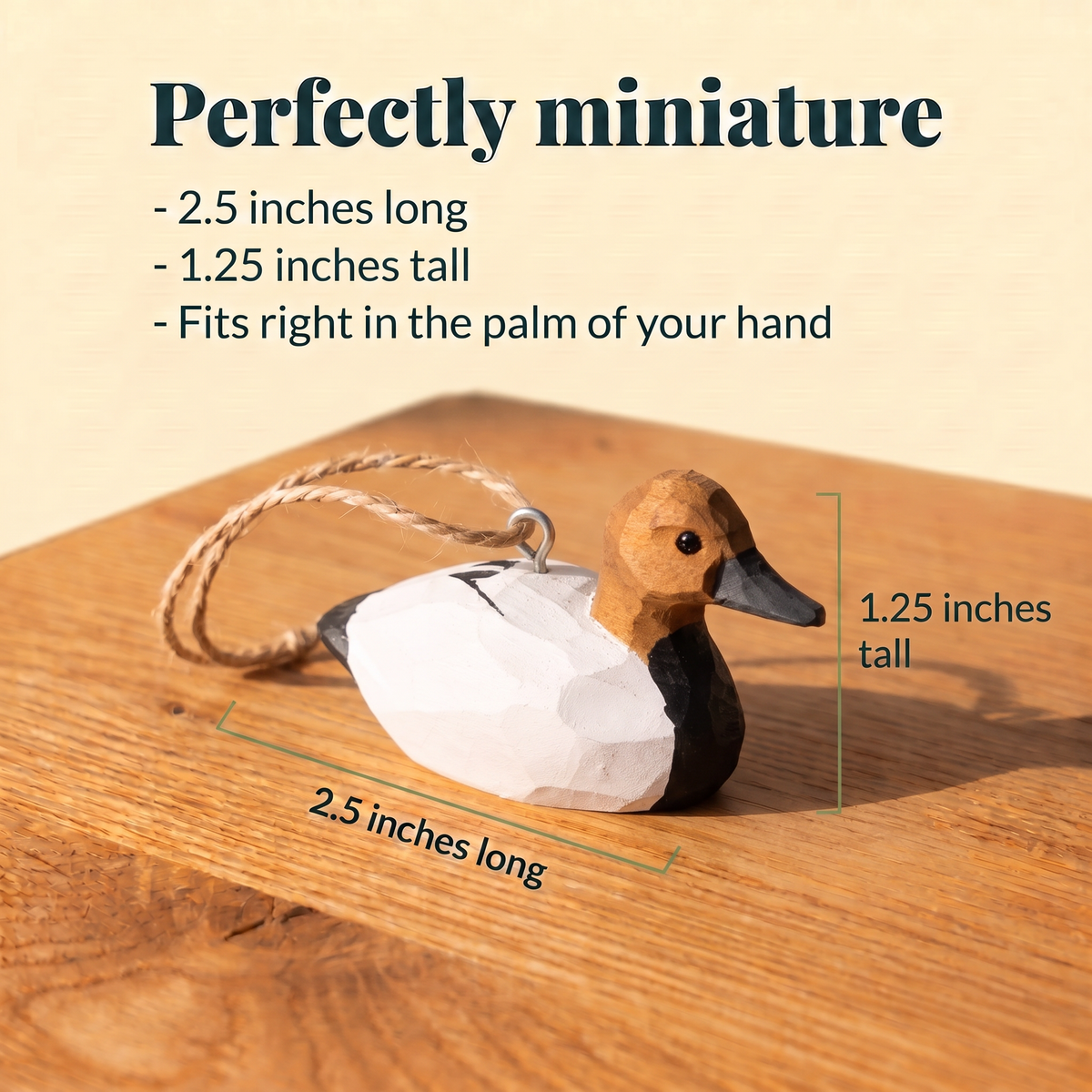 Canvasback Duck hand-carved wooden ornament by Selsela, with size measurements