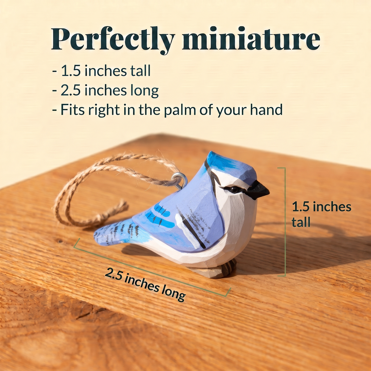 Blue Jay hand-carved wooden ornament by Selsela, with size measurements