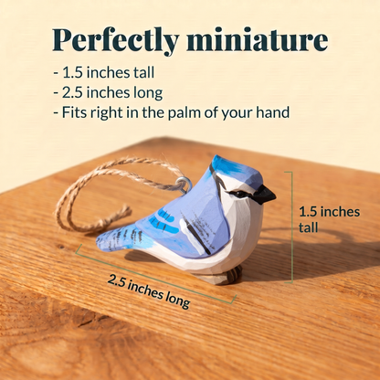 Blue Jay hand-carved wooden ornament by Selsela, with size measurements