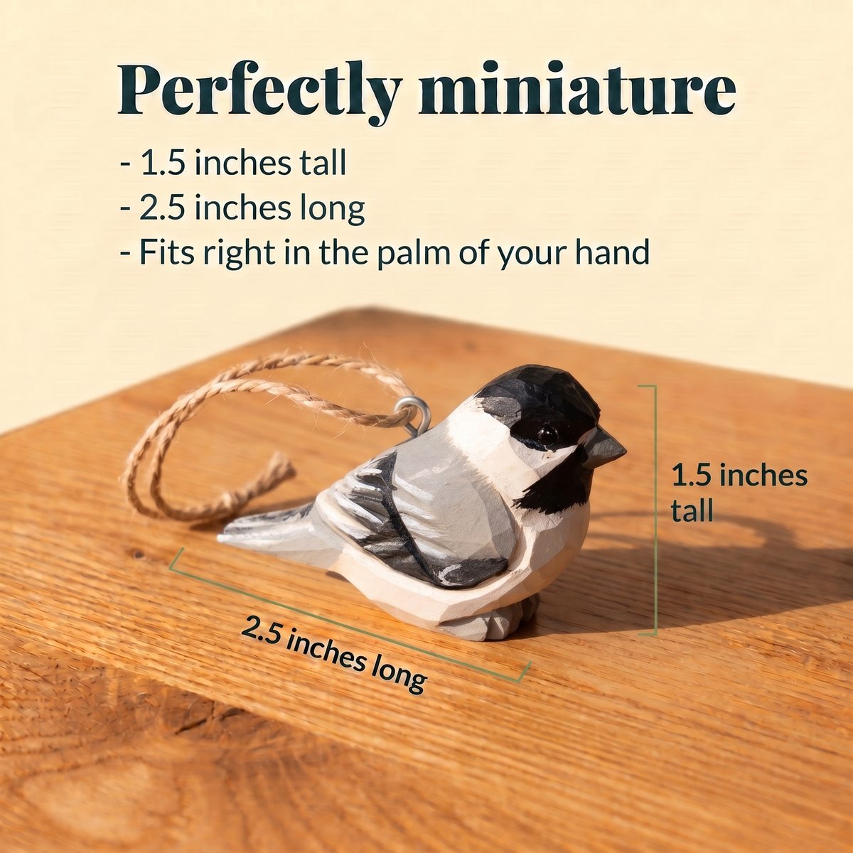 Chickadee hand-carved wooden ornament by Selsela, with size measurements