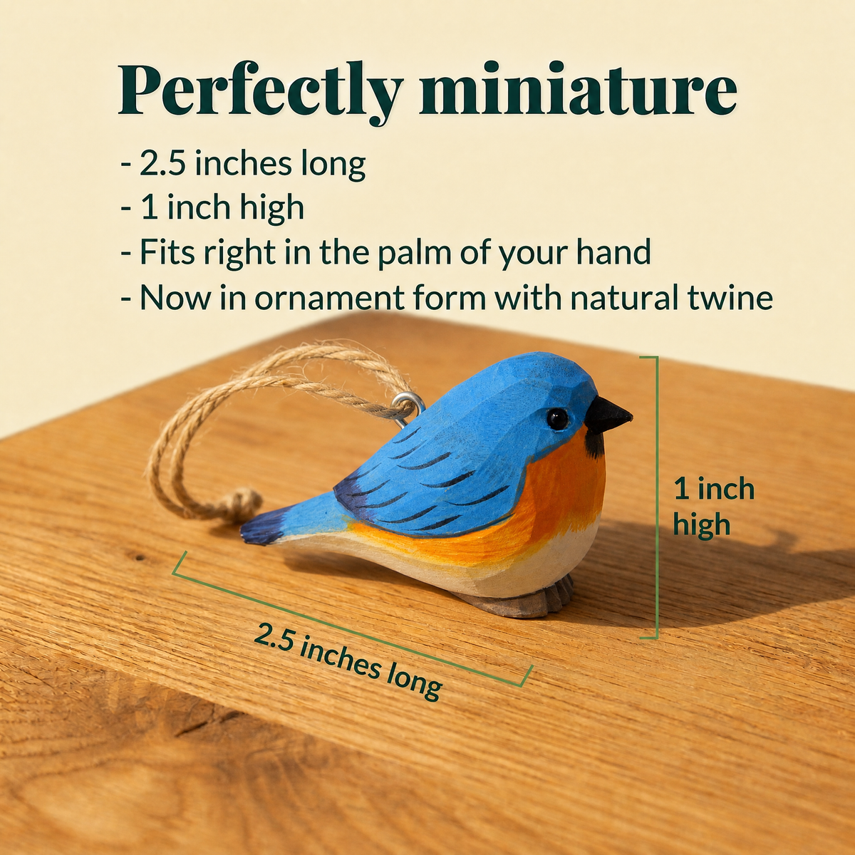 Eastern Bluebird hand-carved wooden ornament by Selsela, with size measurements