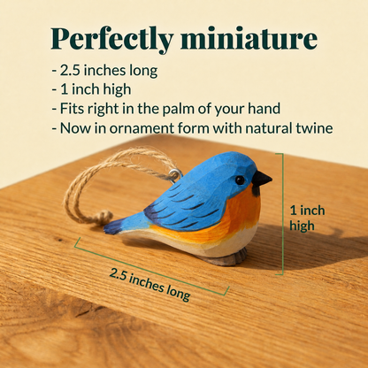Eastern Bluebird hand-carved wooden ornament by Selsela, with size measurements