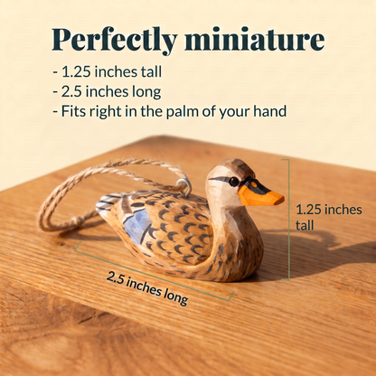 Mallard Duck Female hand-carved wooden ornament by Selsela, with size measurements