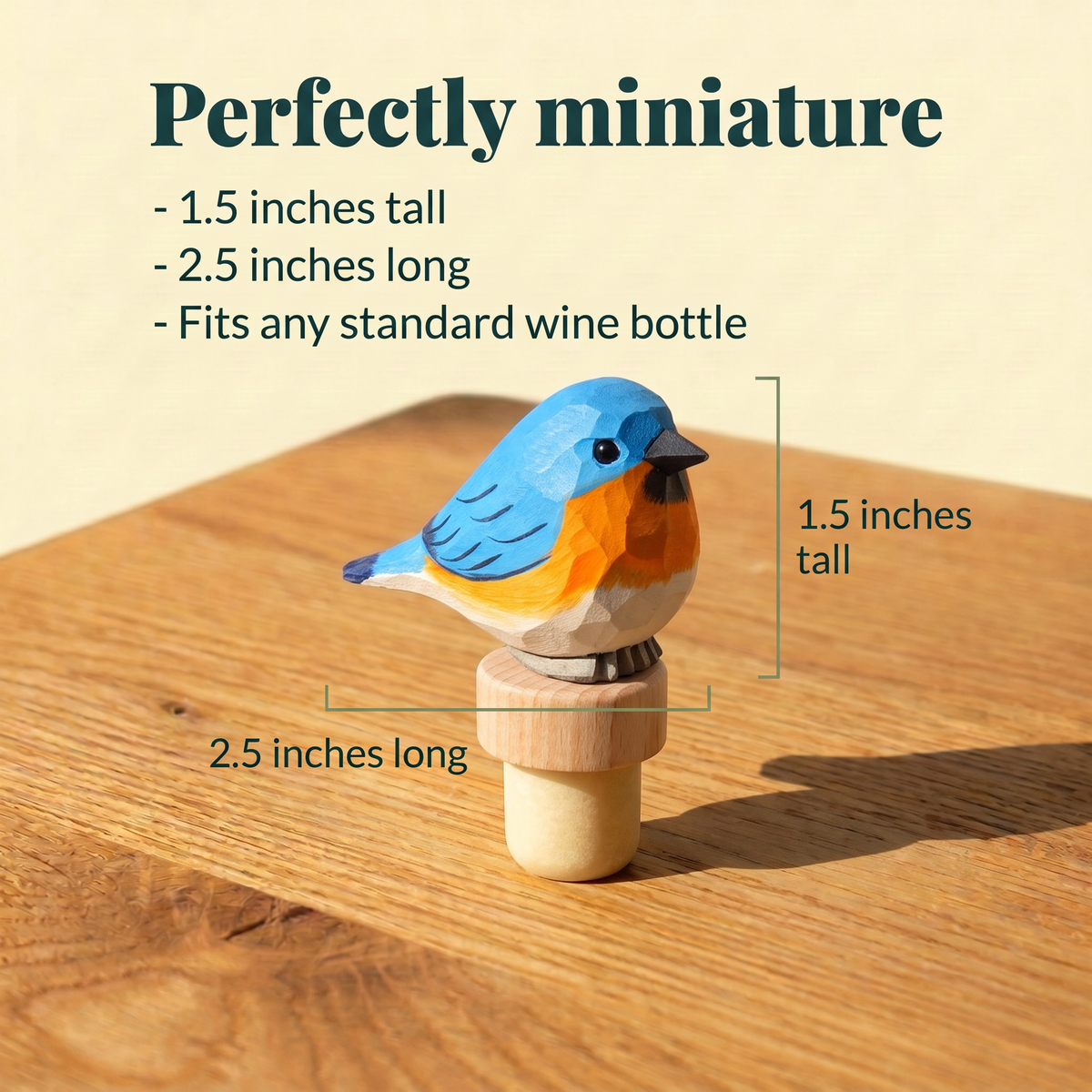 Eastern Bluebird hand-carved wooden wine stopper by Selsela, with size measurements