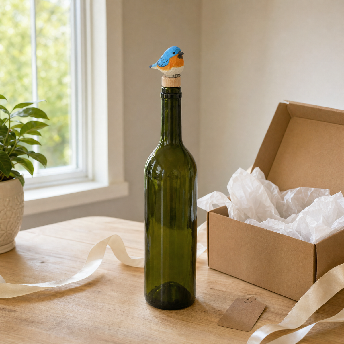 Eastern Bluebird hand-carved wooden wine stopper by Selsela, in a styled scene