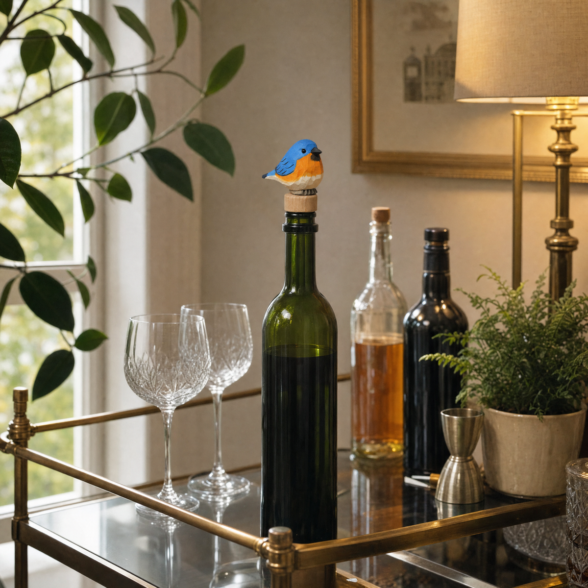 Eastern Bluebird hand-carved wooden wine stopper by Selsela, in a styled scene