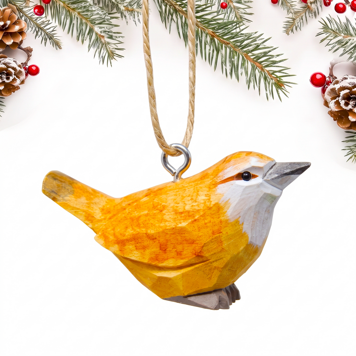 Carolina Wren hand-carved wooden ornament by Selsela, on a plain background