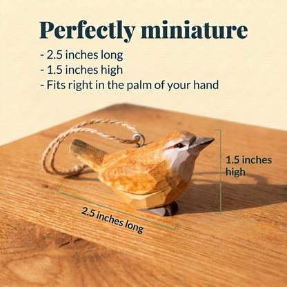 Carolina Wren hand-carved wooden ornament by Selsela, with size measurements