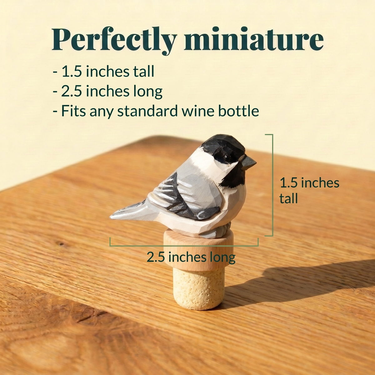 Chickadee hand-carved wooden wine stopper by Selsela, with size measurements