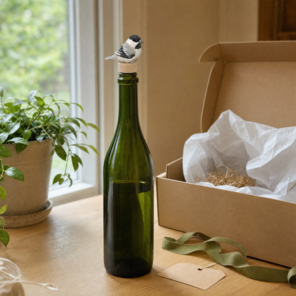 Chickadee hand-carved wooden wine stopper by Selsela, in a styled scene