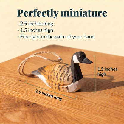 Canada Goose hand-carved wooden ornament by Selsela, with size measurements