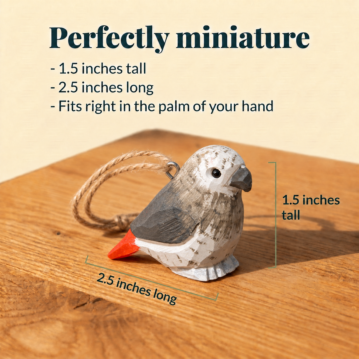 Grey Parrot hand-carved wooden ornament by Selsela, with size measurements
