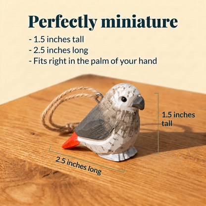 Grey Parrot hand-carved wooden ornament by Selsela, with size measurements