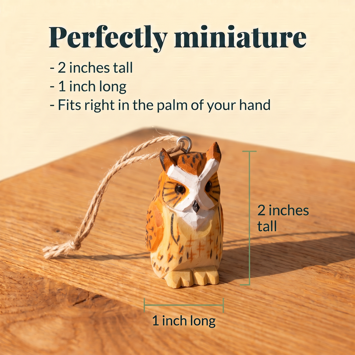 Great Horned Owl hand-carved wooden ornament by Selsela, with size measurements