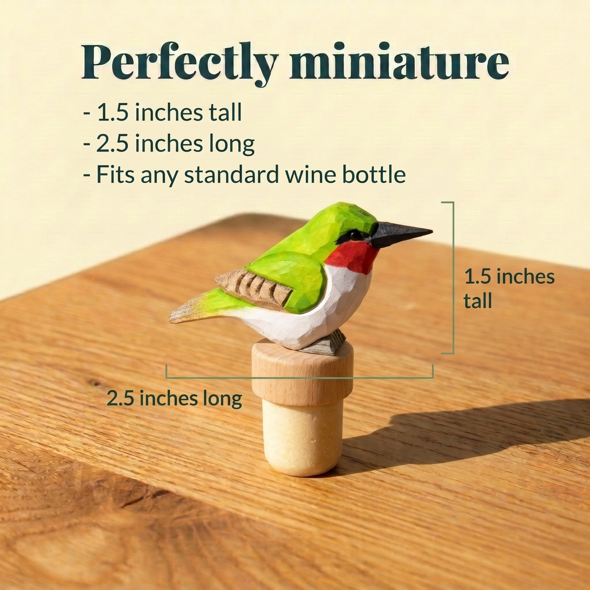 Hummingbird hand-carved wooden wine stopper by Selsela, with size measurements