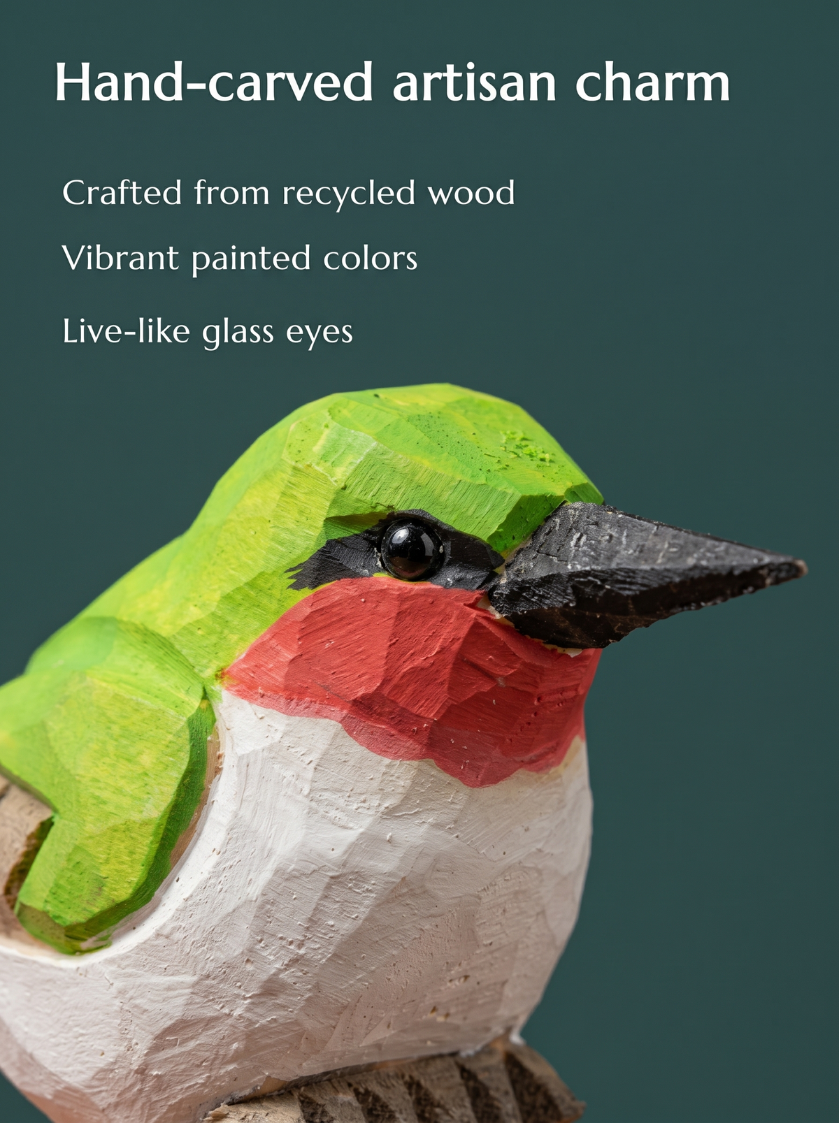 Hummingbird hand-carved wooden wine stopper by Selsela, close-up of the hand-carved detail