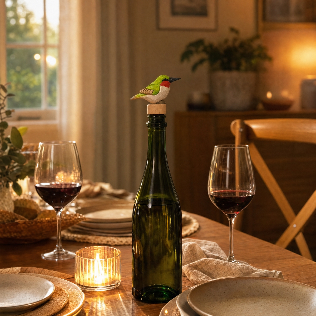 Hummingbird hand-carved wooden wine stopper by Selsela, in a styled scene
