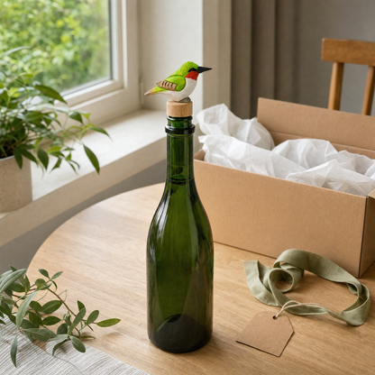 Hummingbird hand-carved wooden wine stopper by Selsela, in a styled scene