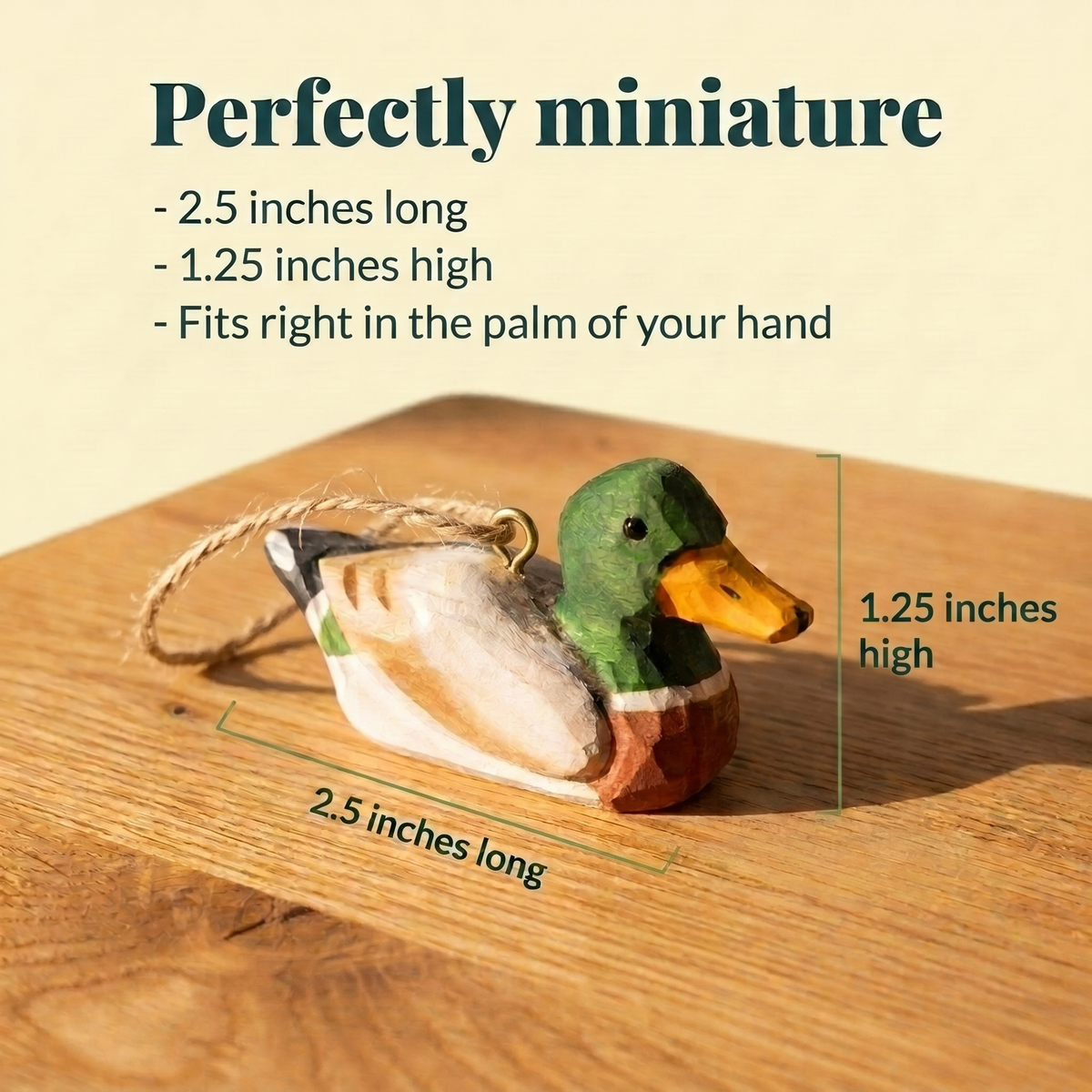 Mallard Duck Male hand-carved wooden ornament by Selsela, with size measurements