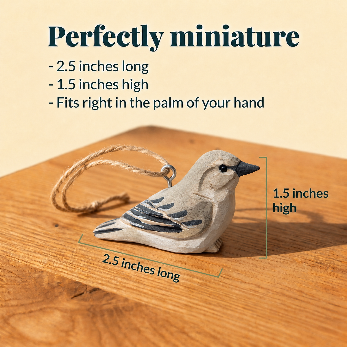 Northern Mockingbird hand-carved wooden ornament by Selsela, with size measurements