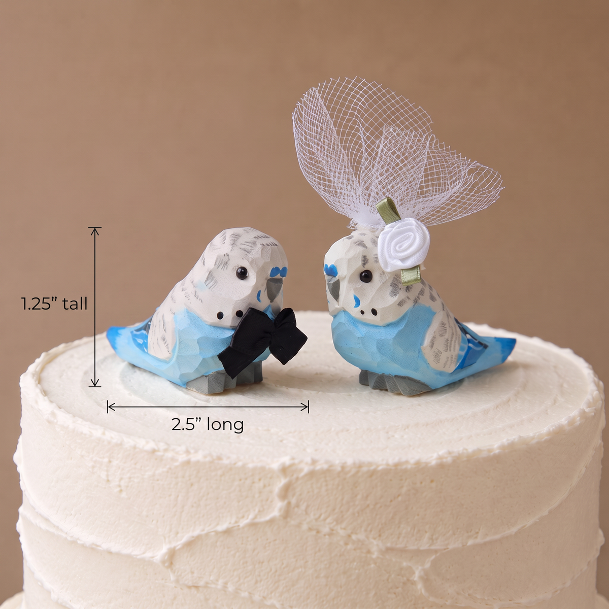 Blue Parakeet hand-carved wooden cake topper by Selsela, with size measurements