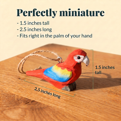 Macaw hand-carved wooden ornament by Selsela, with size measurements