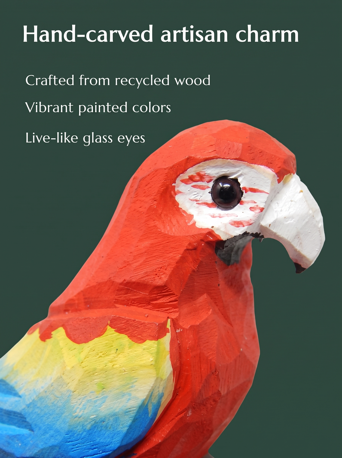 Macaw hand-carved wooden ornament by Selsela, close-up of the hand-carved detail