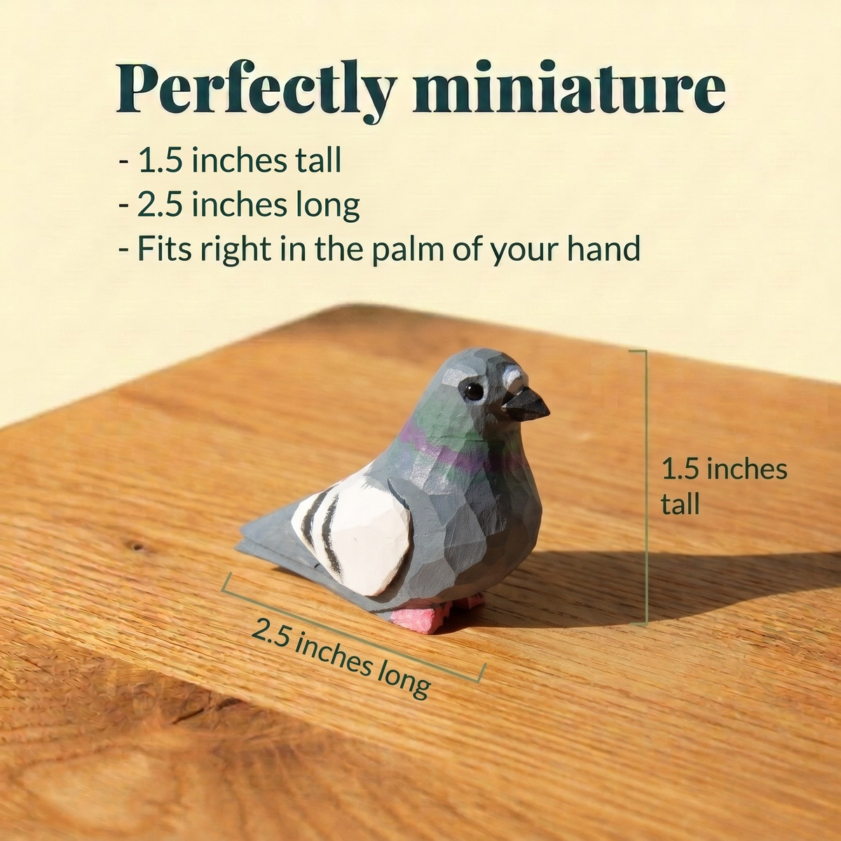 Pigeon hand-carved wooden figurine by Selsela, with size measurements