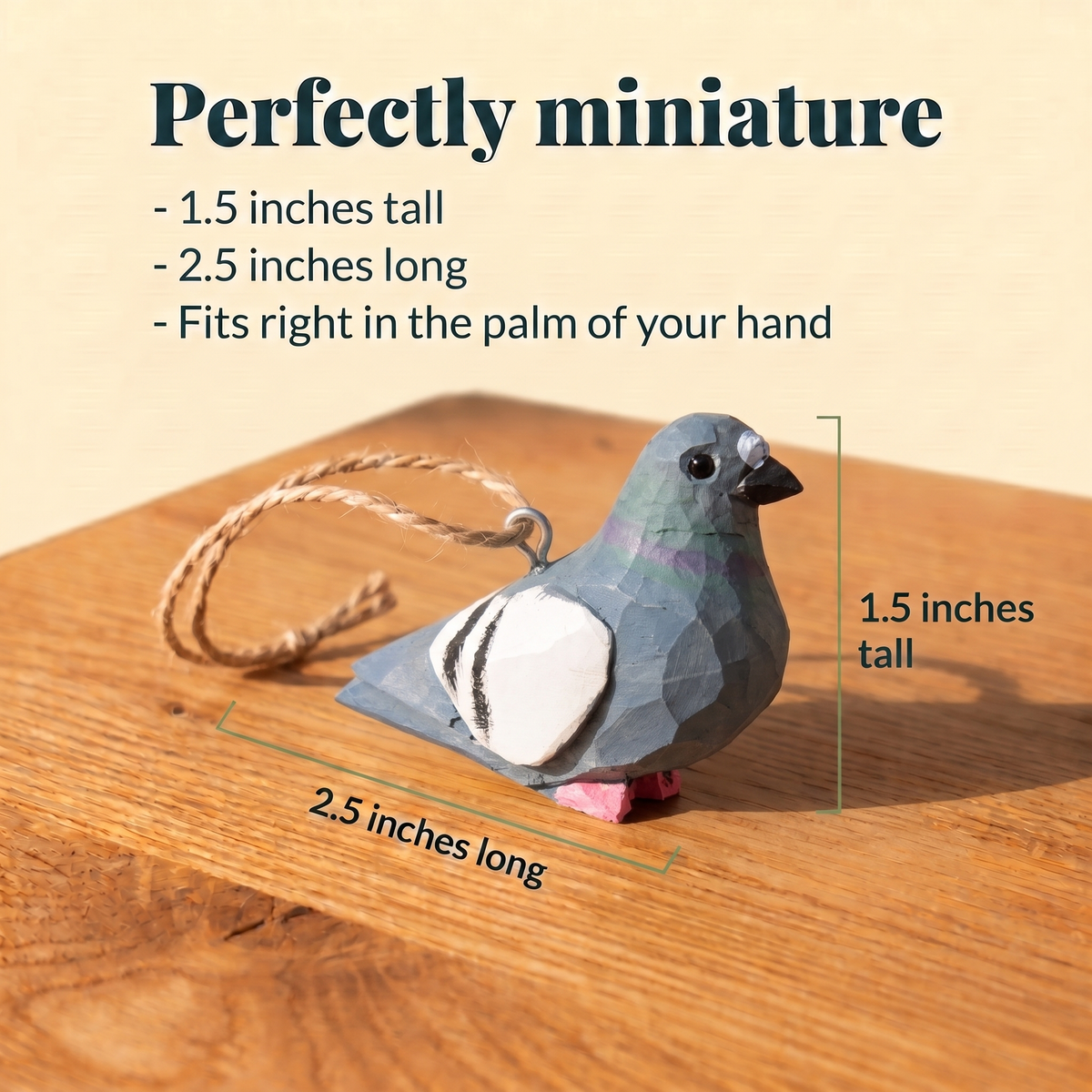 Pigeon hand-carved wooden ornament by Selsela, with size measurements
