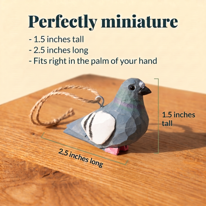 Pigeon hand-carved wooden ornament by Selsela, with size measurements